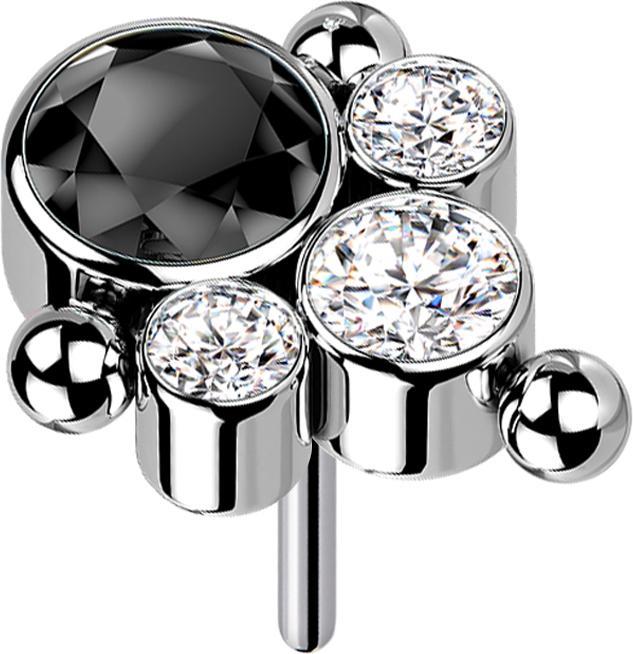 Image du produit Star Piercing Threadless argent trois boules quatre cristaux argent et noir (sans laiton, Titane G23)