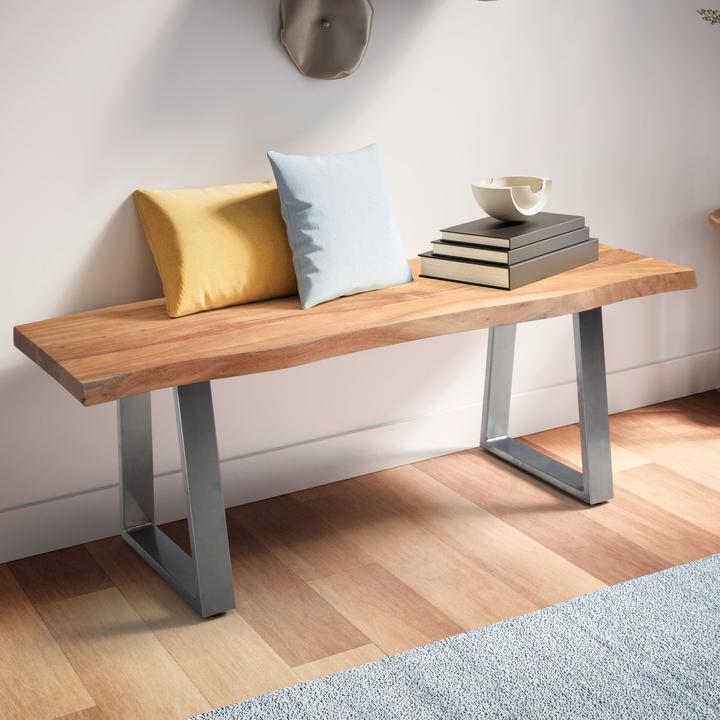 Produktbild FineBuy Garderobenbank Sitzbank Akazie Massivholz 120 cm Baumkante Flurbank (120 cm)