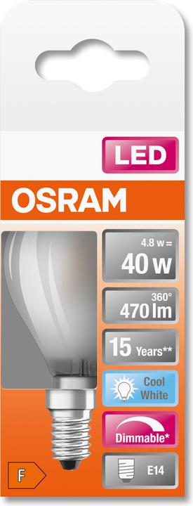 Actual product image Osram LEDSCLP40D 5W/840 230VGLFR E14 10X1OSRAM (E14, 4.80 W, 470 lm, 1 x, F)