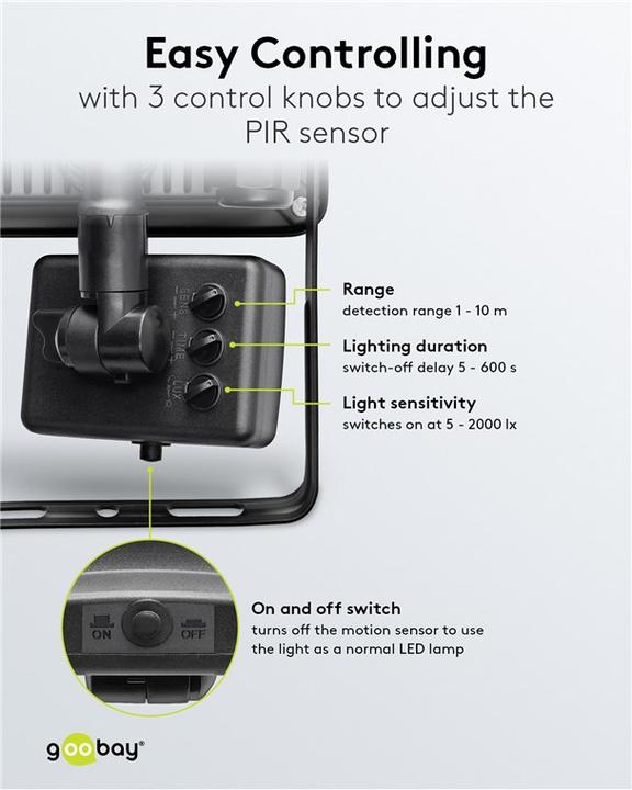 Actual product image Goobay LED outdoor spotlight, 10 W, with motion detector (850 lm, IP44)