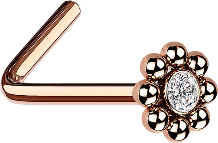 Star Piercing Nasenstecker gewinkelt rosegold Blume mit Kugeln und Kristall (ohne Messing, Chirurgenstahl 316L)