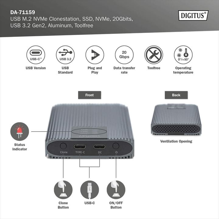 Immagine prodotto Digitus USB M.2 NVMe Clonestation, SSD, NVMe, 20Gbit, USB 3.2 Gen2, Alluminio, senza attrezzi (M.2 2280, M.2 2260, M.2 2242, M.2 2230)