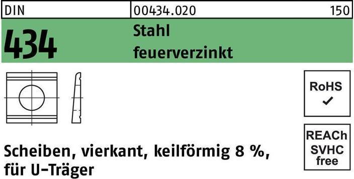 Produktbild U-Scheibe DIN 434 vierkant keilförmig 11 Stahl feuerverzinkt Neigung 8%