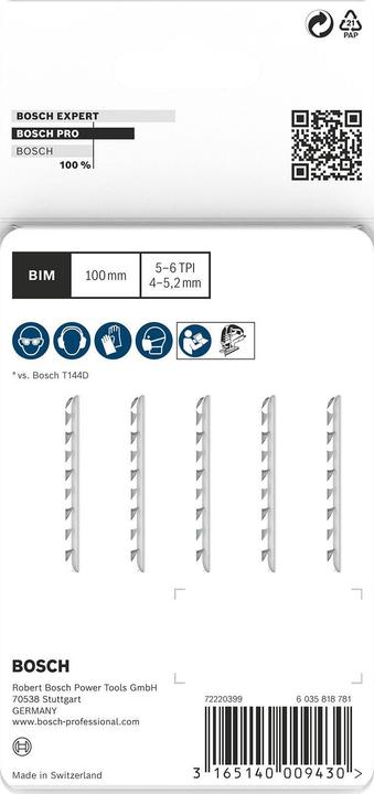 Immagine prodotto Bosch Professional Zubehör Lama per seghetto alternativo PRO Hardwood fast T144DF, 100 mm, 5 pezzi.