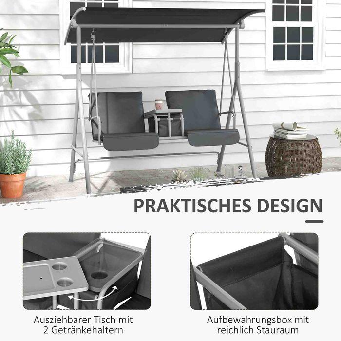 Produktbild Swisshandel24 Hollywoodschaukel 2-Sitzer mit Tablett, bis 180 kg Belastbar, Balkon, Schwarz