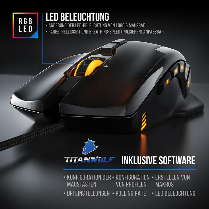 Immagine prodotto Titanwolf Mouse laser da gioco con 12 pulsanti programmabili | Mouse con 10800 dpi | Velocità di polling fino (Cablato)