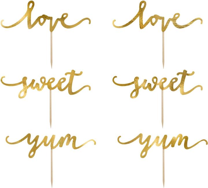 Produktbild Partydeco Kuchen-Topper Set love, sweet, yum 13 cm, 6 Stück, Gold