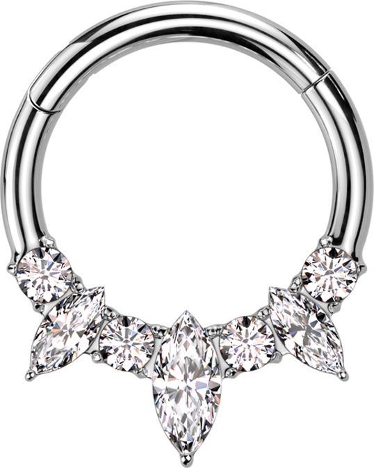Star Piercing Micro Segmentring klappbar silber zwei ovale Kristalle silber vier rund Kristalle silber (ohne Messing, Titan G23)