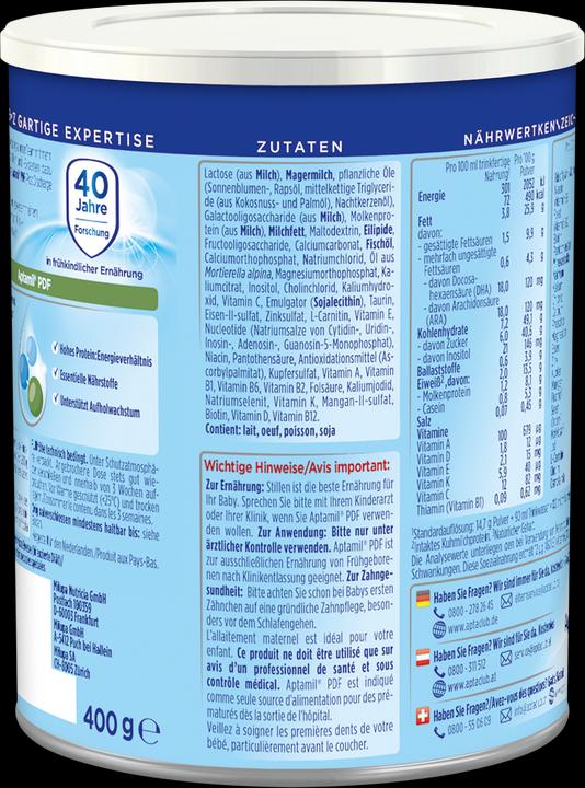 Nährwerte und Zutaten Aptamil PDF Spezialnahrung (400 g, ab Geburt)