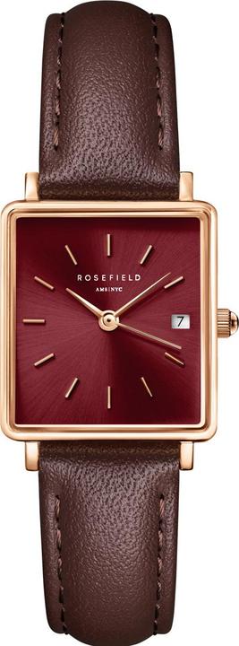 Rosefield Boxy XS Burgundy Sunray Dark Brown Leather Rose Gold Armbanduhr