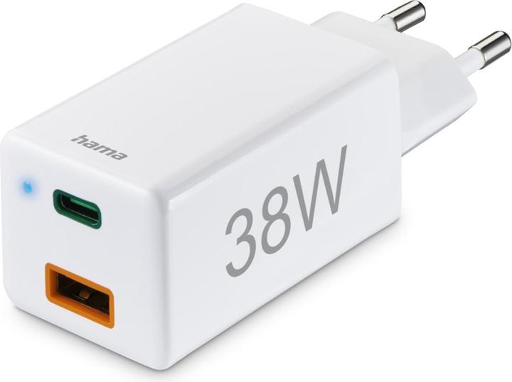 Actual product image Hama Mini Charger, GaN, USB-C Power Delivery (PD) + USB-A QC3.0, 38W, White (38 W)