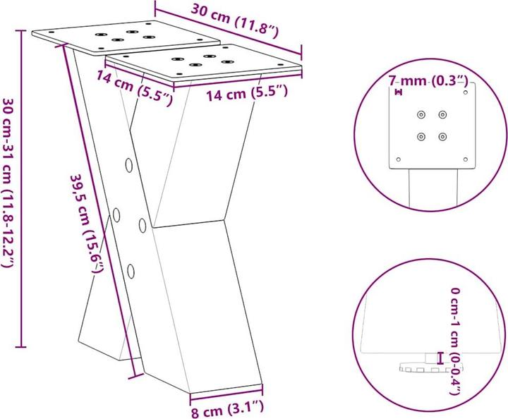 Actual product image VidaXL Coffee table legs X-shape 2 pcs. White 30x(30-31) cm steel table leg