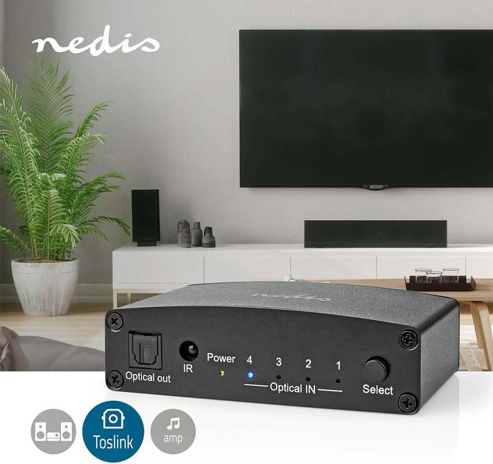 Image du produit Nedis Commutateur audio numérique | 4 voies | Connecteurs - Entrée : DC Power / 4x TosLink | Connecteurs (0.05 m)