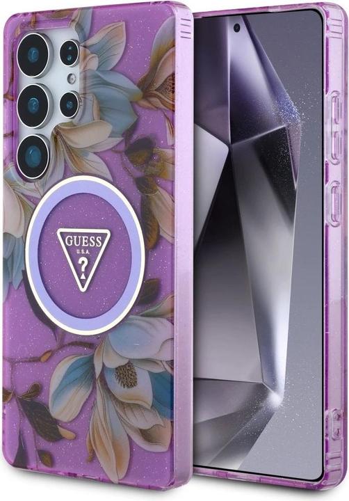 Actual product image Guess Etui Glitter Flowers Triangle Buttons MagSafe do Samsung Galaxy S25 Ultra fioletowy (Samsung Galaxy S25 Ultra)