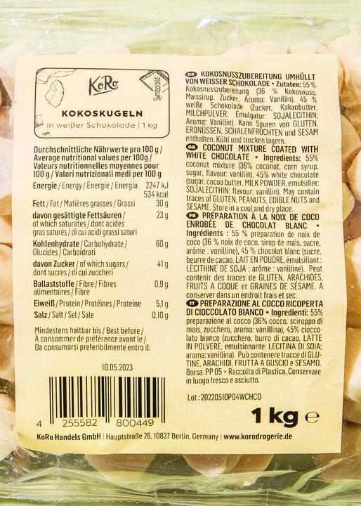 Valeurs nutritives et ingrédients KoRo Préparation à la noix de coco enrobée de chocolat blanc (1000 g)