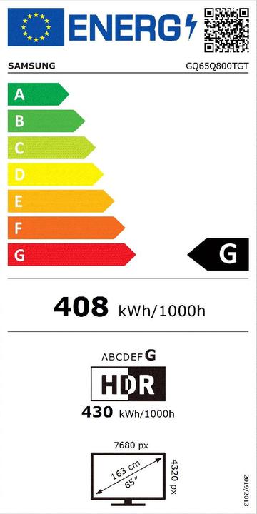 Energielabel Samsung GQ65Q800TGT - 163 cm (65") diagonaal klasse Q800T serie LCD TV met LED-achtergrondverlichting (65", QLED, 8K)