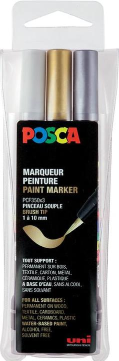 Posca pensel marker saet PCF-350, tre farver, guld, sølv og hvid (Metallic assorted, 10 mm, 3 x)