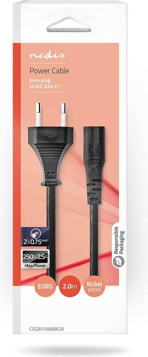 Produktbild Nedis Stromkabel | Euro Männlich | IEC-320-C1 | Gerade | Gerade | Vernickelt | 2.00 m | Flach | PVC (2 m)