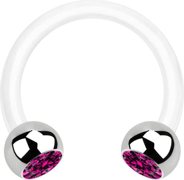 Star Piercing Micro Circular Barbell weiss mit zwei Kugeln silber Kristall fuchsia (Chirurgenstahl 316L, Bioflex, ohne Messing)