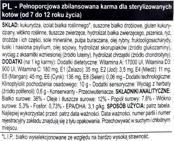Valeurs nutritives et ingrédients Royal Canin Stérilisé 7+ (Senior, 1 pcs, 3500 g)