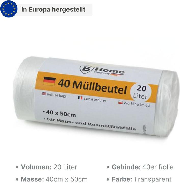 Produktbild B-Home Müllbeutel Abfallbeutel Mülltüte Müllsack Abfallsack Plastikbeutel (40 x, 20 l)