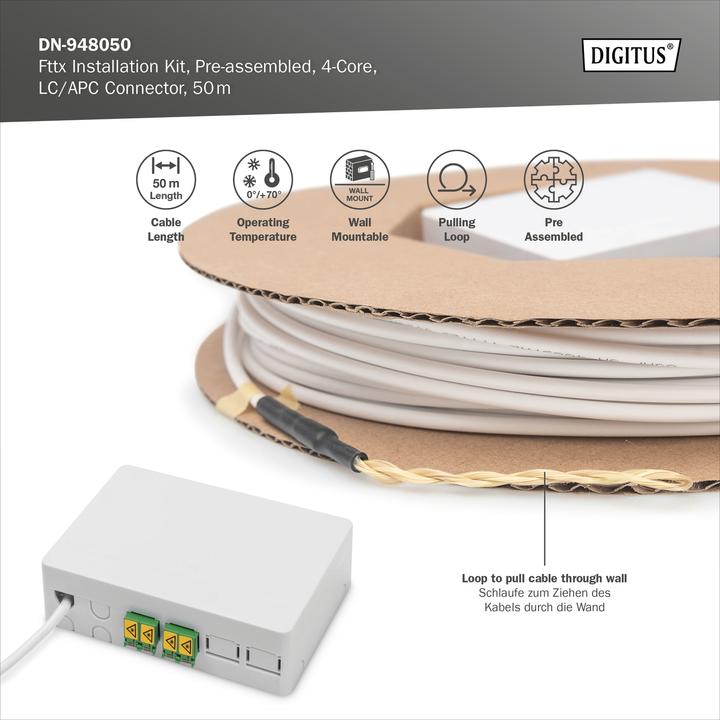 Image du produit Digitus Kit d'installation Fttx LC/APC pré-connecté/4 fibres/50m (S/FTP, CAT6, 50 m)