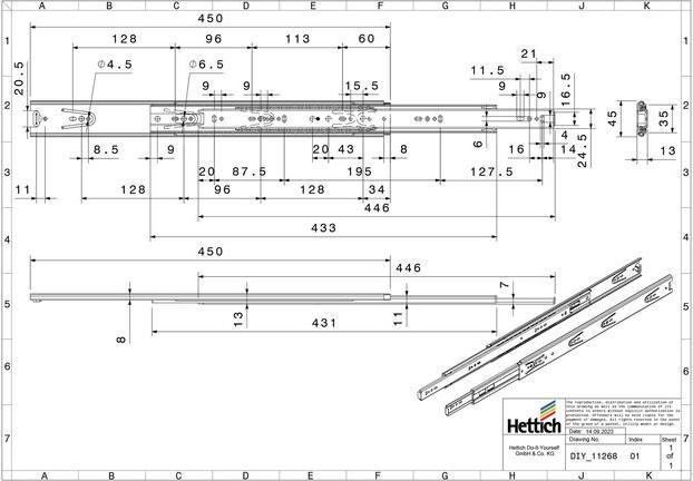 Immagine prodotto Hettich Schubladenschiene Vollauszug 450 mm chromatiert 2 Stück