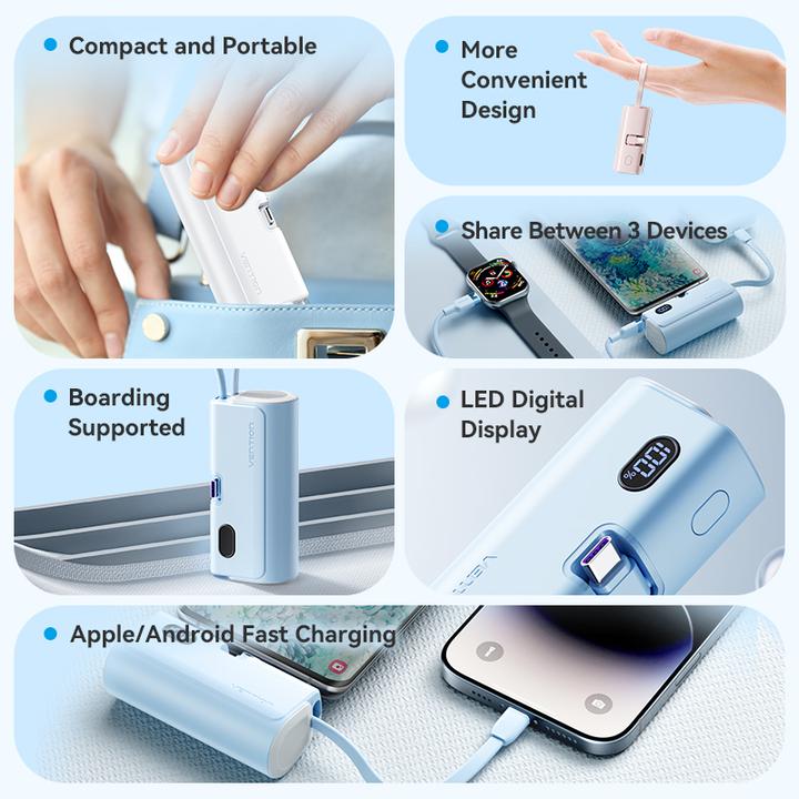Productafbeelding Vention LED Display 4800mAh Power Bank (USB-C + Lightning + USB-C) 22.5W Roze Opvouwbaar USB-C Type (4800 mAh, 22.50 W, 22.50 Wh)