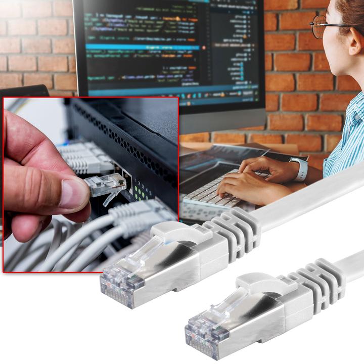Produktbild S-Impuls 2er-Set Netzwerkkabel Cat 7, Flachkabel, 2x RJ45 Stecker, weiss, 15 m (U/FTP, CAT6a, 15 m)