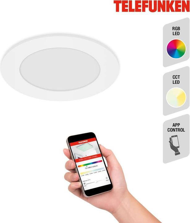 Produktbild Telefunken LED Einbauleuchte IP23 dimmbar WiFi RGBW 6W 600 lm warmwei - tageslichtwei rund wei 12/110 mm (600 lm)