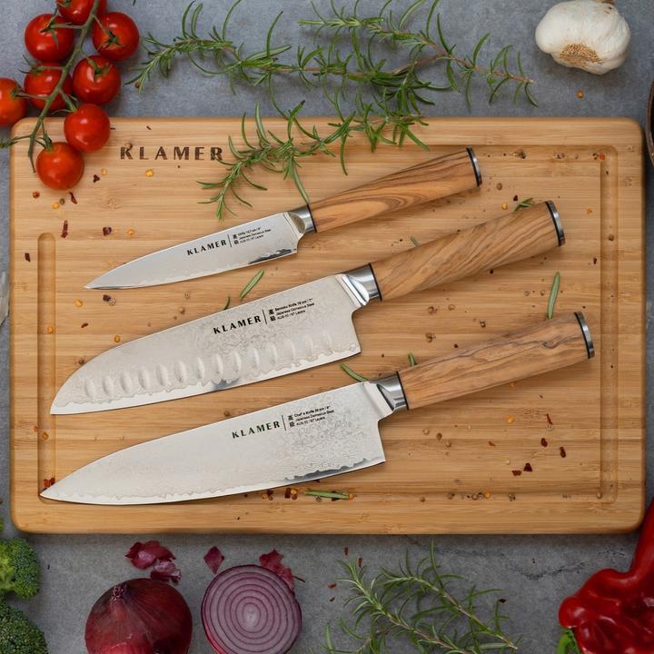 Actual product image KLAMER Santoku Damastmesser Olive 18 cm Kochmesser (18 cm)