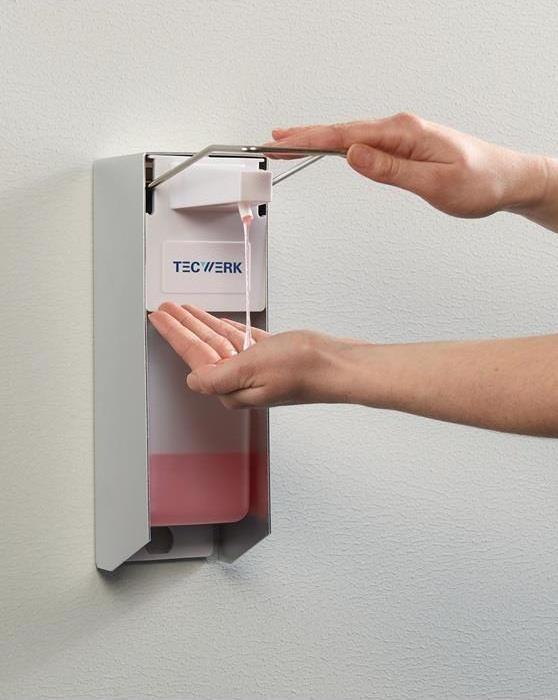 Immagine prodotto Tecwerk Desinfektions- und Seifenspender H165xB95xT290ca.mm ABS mit Hebel weiss
