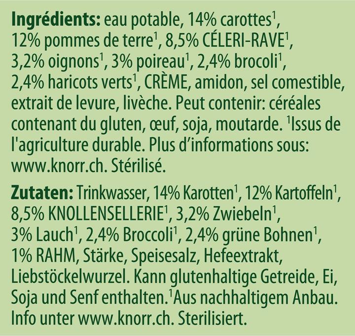Valeurs nutritives et ingrédients Knorr Soupe de légumes Combibloc, Soupe avec brocolis, carottes & poireaux, Plat cuisiné à réchauffer (500 ml)