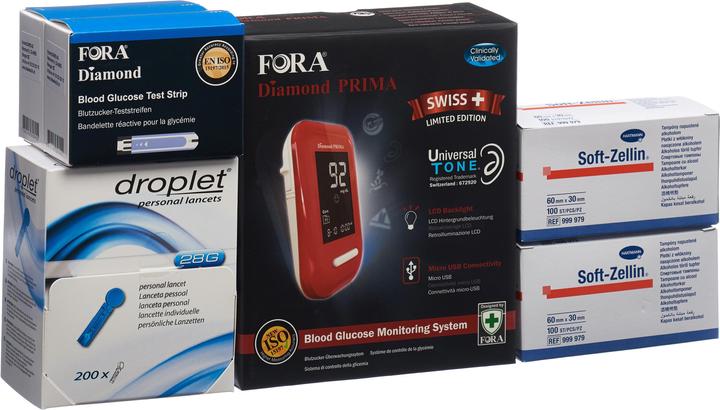 Actual product image Fora Diamond PRIMA starter pack with 200 test strips, lancets, alcohol pads, lancing device, measuring (Lancets)