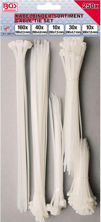 Produktbild BGS Kabelbinder-Sortiment weiss verschiedene Grössen 250-tlg. (Kunststoffkabelbinder, 250 mm, 250 Stk.)