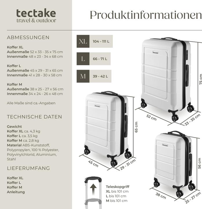 Immagine prodotto tectake Set di valigie rigide Brice 3 pz., lucchetto TSA (111 l, M (50 - 90l), L (90 - 115l), XL (da 115l))
