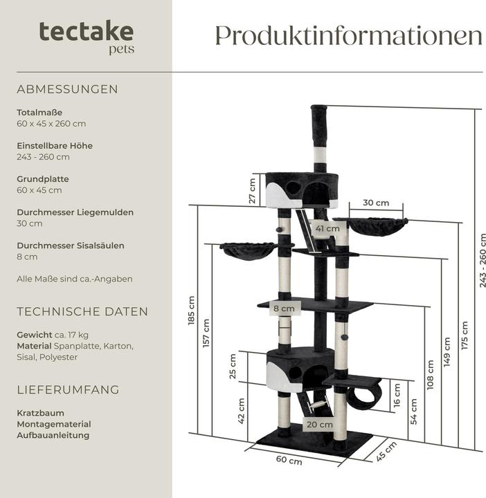 Immagine prodotto tectake Albero del gatto Hansi (260 cm, Bianco, Nero)