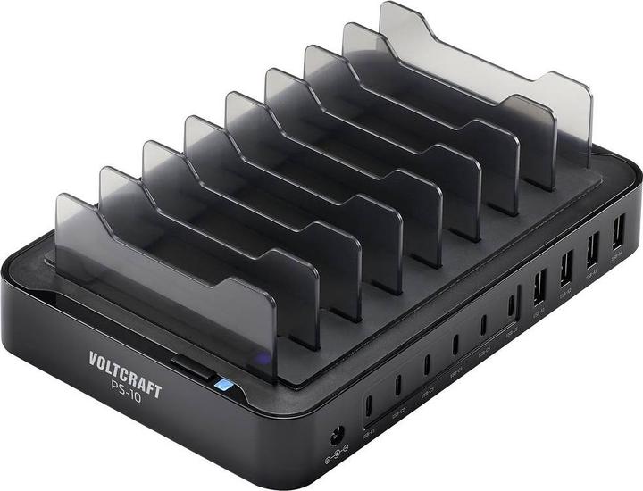 Actual product image Voltcraft Desktop charging station 120W Output current (max.) 3A Number of outputs: 10 x USB-A, USB-C® (120 W)