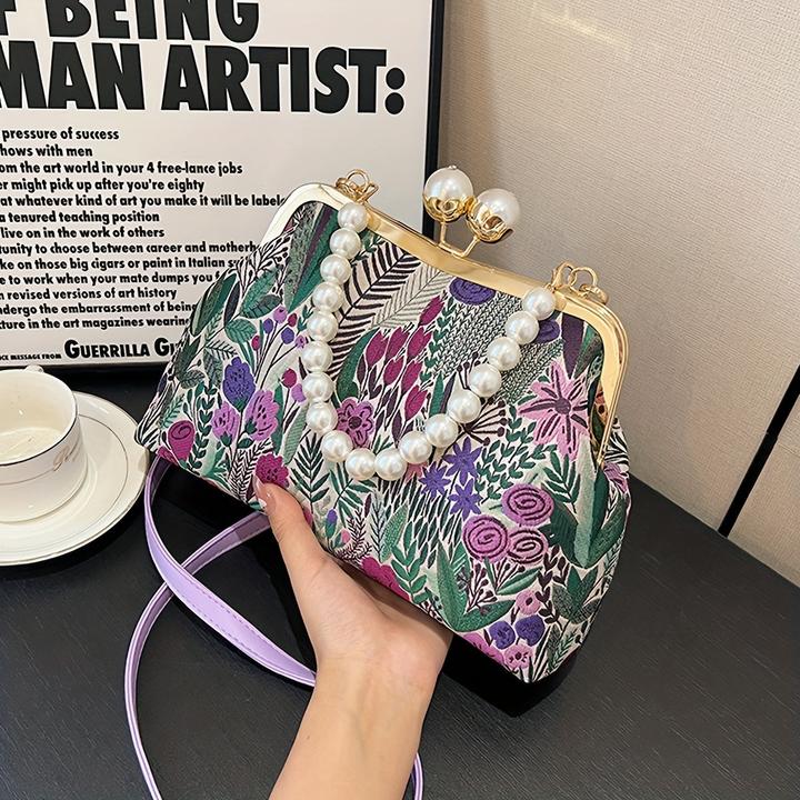 Immagine prodotto Only-Bags.Store Vintage-inspirierten Blumenmuster Design Kupplung Tasche mit faux Perle Griff, modische