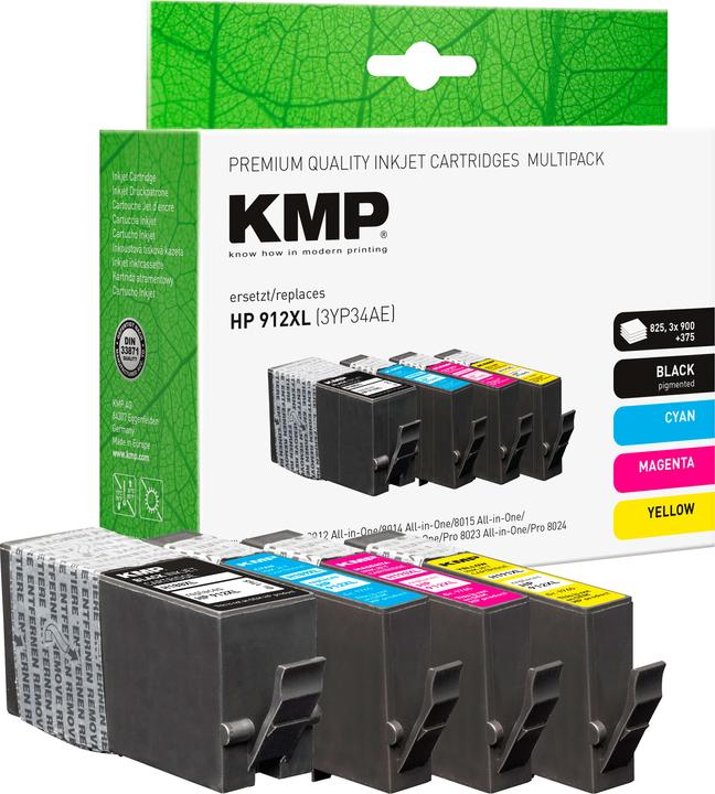 KMP Encre remplaçant HP 912XL (3YP34AE) Compatible Pack combiné noir, cyan, magenta, jaune H188XV 1765 (M, C, Y, CF)