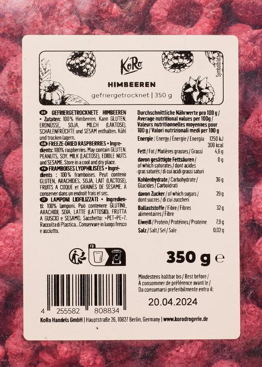Nutritional values and ingredients KoRo Freeze-dried raspberries (350 g)