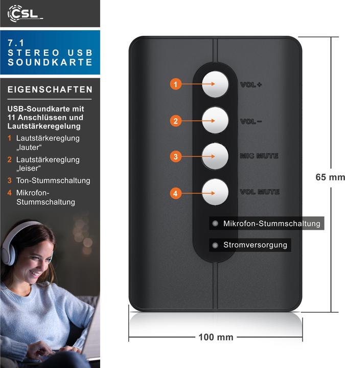 Image du produit CSL Carte son externe USB, son surround 7.1, adaptateur audio stéréo, pour PC - Win 10, 11 (USB)