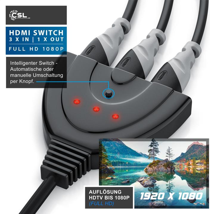 Produktbild CSL 3 Port HDMI Switch Full HD 1080p, automatische Umschaltung / 3D / HDCP / CEC
