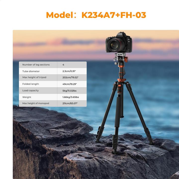 Immagine prodotto K&F Concept K234A7+FH-03 Treppiede in lega di alluminio e magnesio (Metallo)