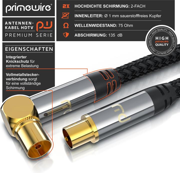Actual product image Primewire Antenna cable angled with braiding, coaxial cable 75 Ohm HDTV, radio, DVB-T2 TV antenna cable (135 dB, Antenna cable)
