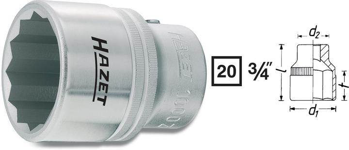 Immagine prodotto HAZET Inserto chiave a bussola ∙ a doppio esagono 1000Z-30 ∙ Attacco quadro, cavo, 20 mm (3/4 di po… (30 mm)