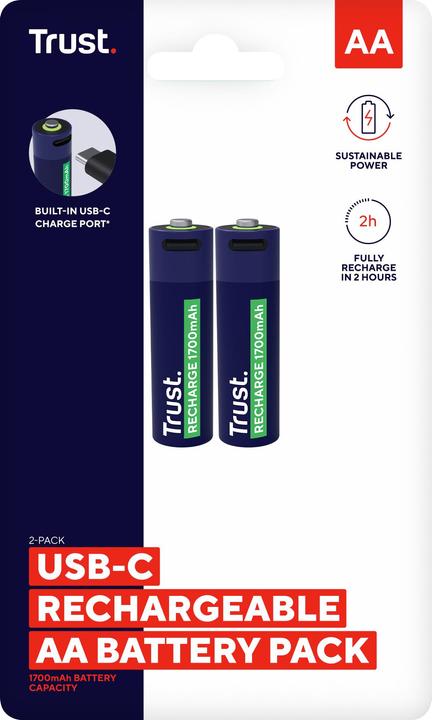 Produktbild Trust USB-C Rechargeable Batteries 2p (2 Stk., AA, 1700 mAh)