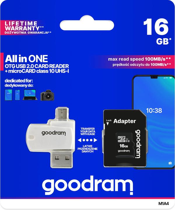 Produktbild Goodram M1A4-0160R12 memory card 16 GB MicroSDHC Class 10 UHS-I - High Capacity SD (Micr (16 GB, microSDHC, U1, UHS-I)