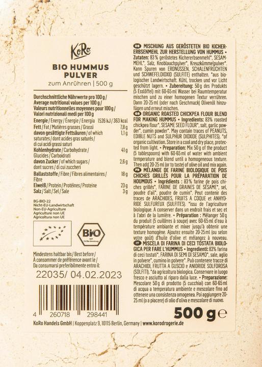 Nährwerte und Zutaten KoRo Mischung aus gerösteten Bio Kichererbsenmehl zur Herstellung von Hummus (6000 g)