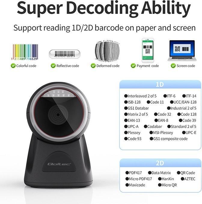 Actual product image Qoltec Desktop precision reader 1D barcode and QR scanner | 2D